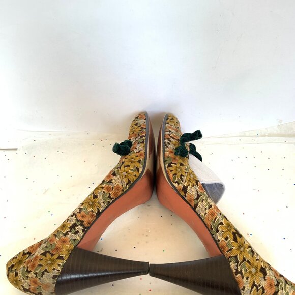 Vintage Y2K d'Orsay Pump Yellow Floral Corduroy Cone Heel Pump Green Velvet  9.5 - Picture 12 of 14